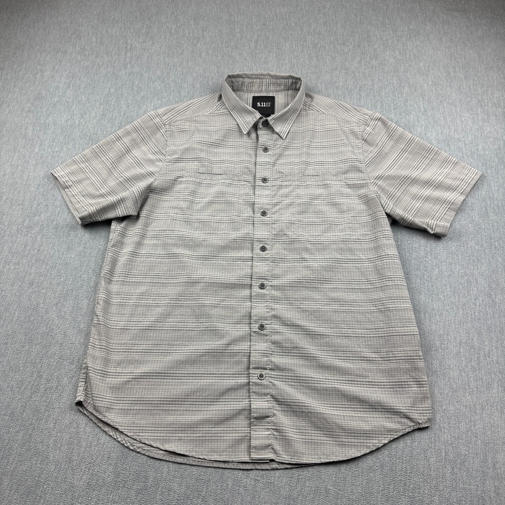 5.11 Tactical Shirt Men Medium Gray Stripe Ellis Short Sleeve Snap Down Fishing